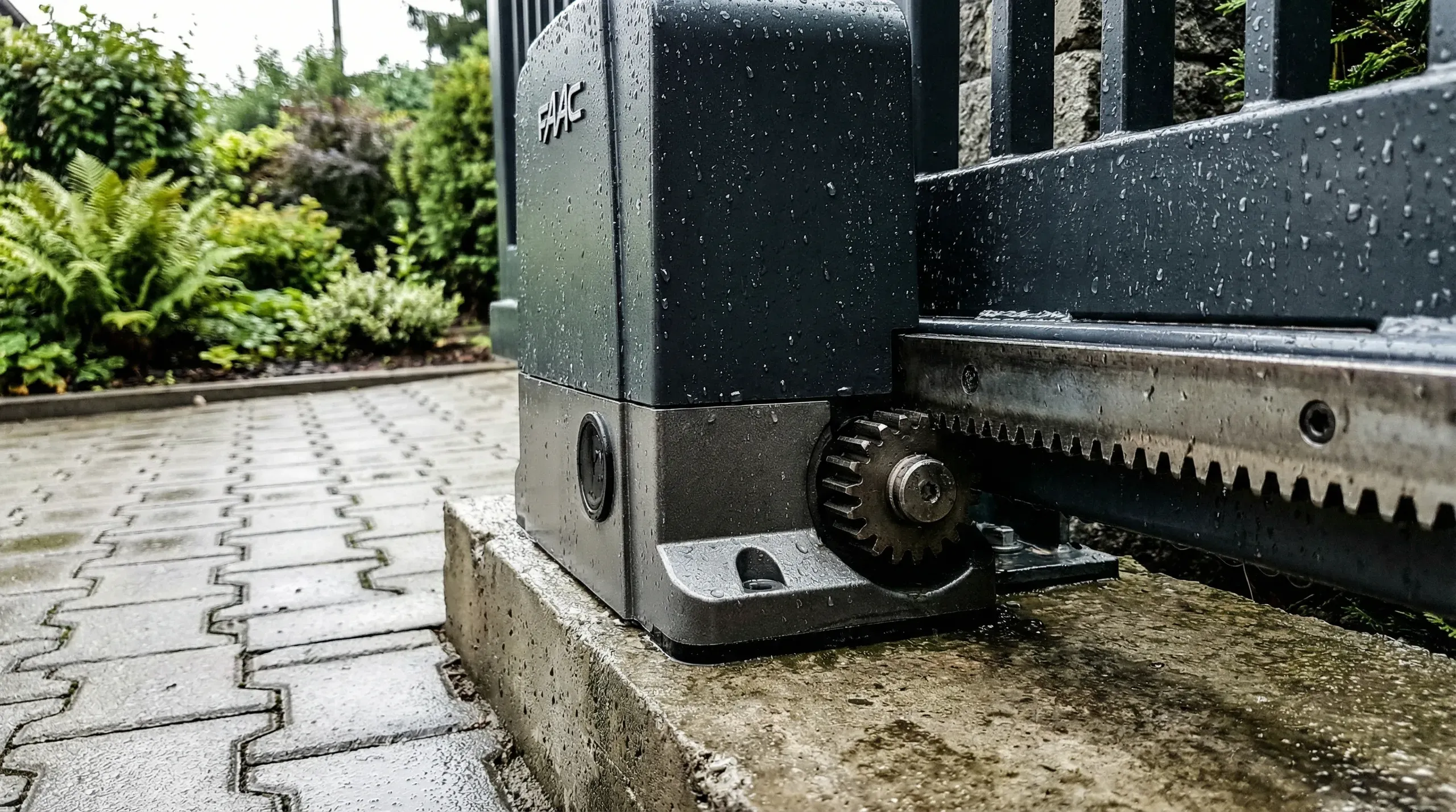 Napęd do bramy na tle ogrodu, idealny do automatyki budynkowej