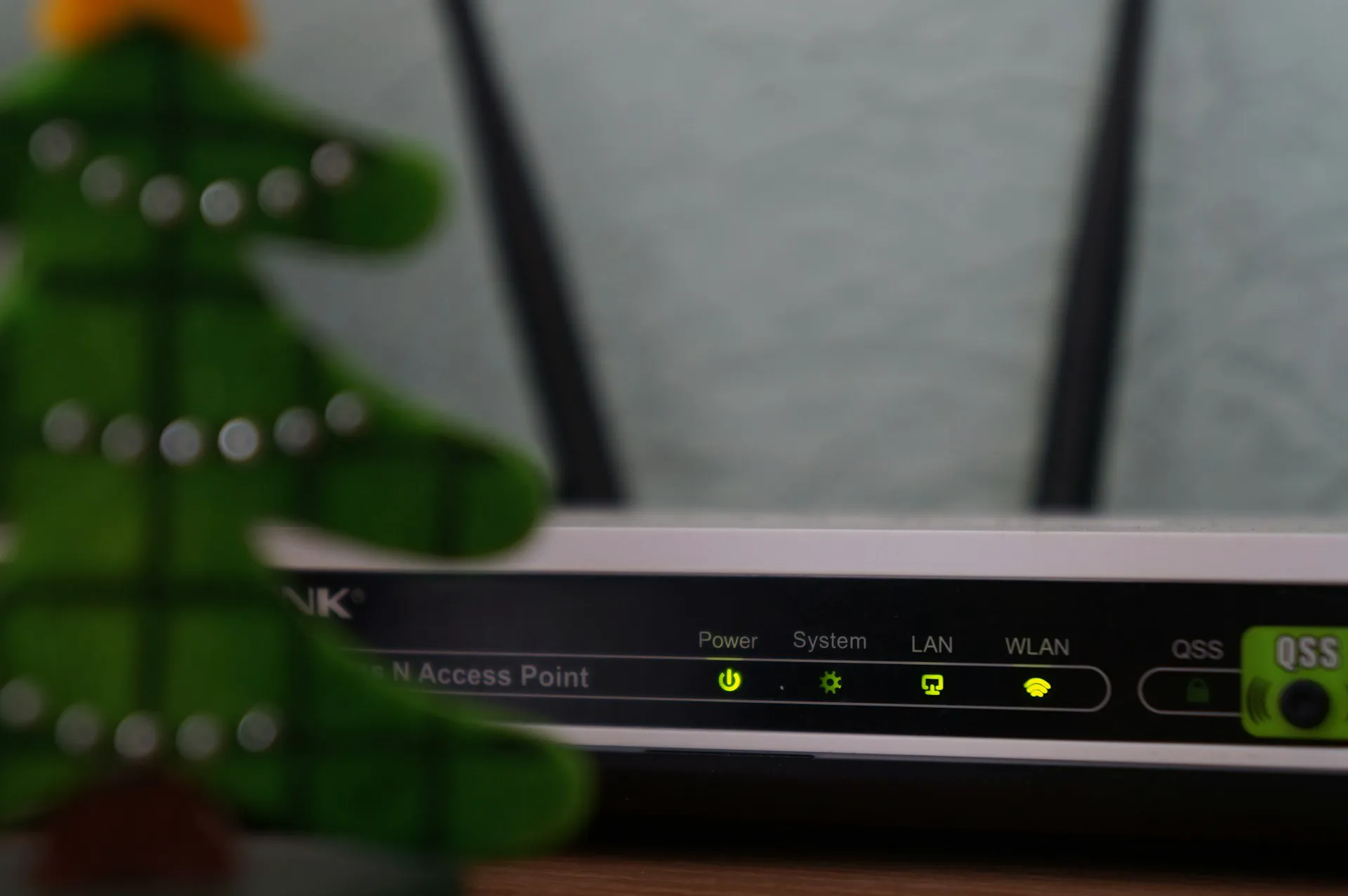 Punkt dostępowy sieci WLAN na tle choinki, ilustrujący usługi sieci LAN i WiFi