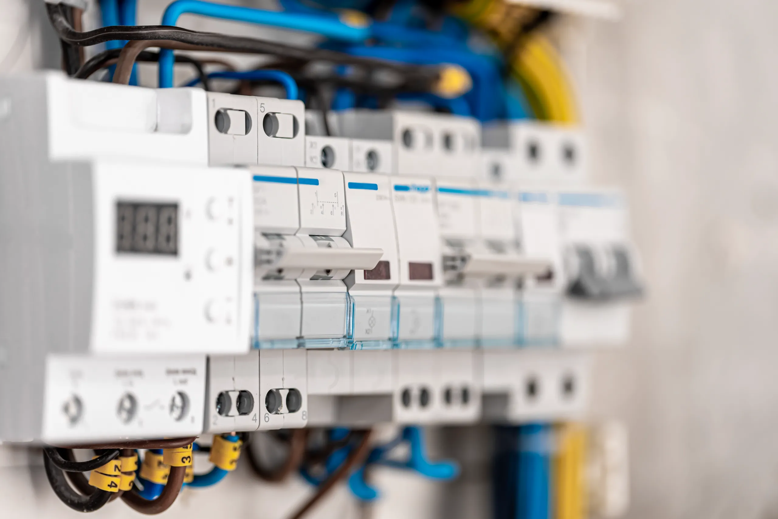 Rozdzielnica elektryczna z wyłącznikami oraz kabelkami, idealna dla instalacji elektrycznych